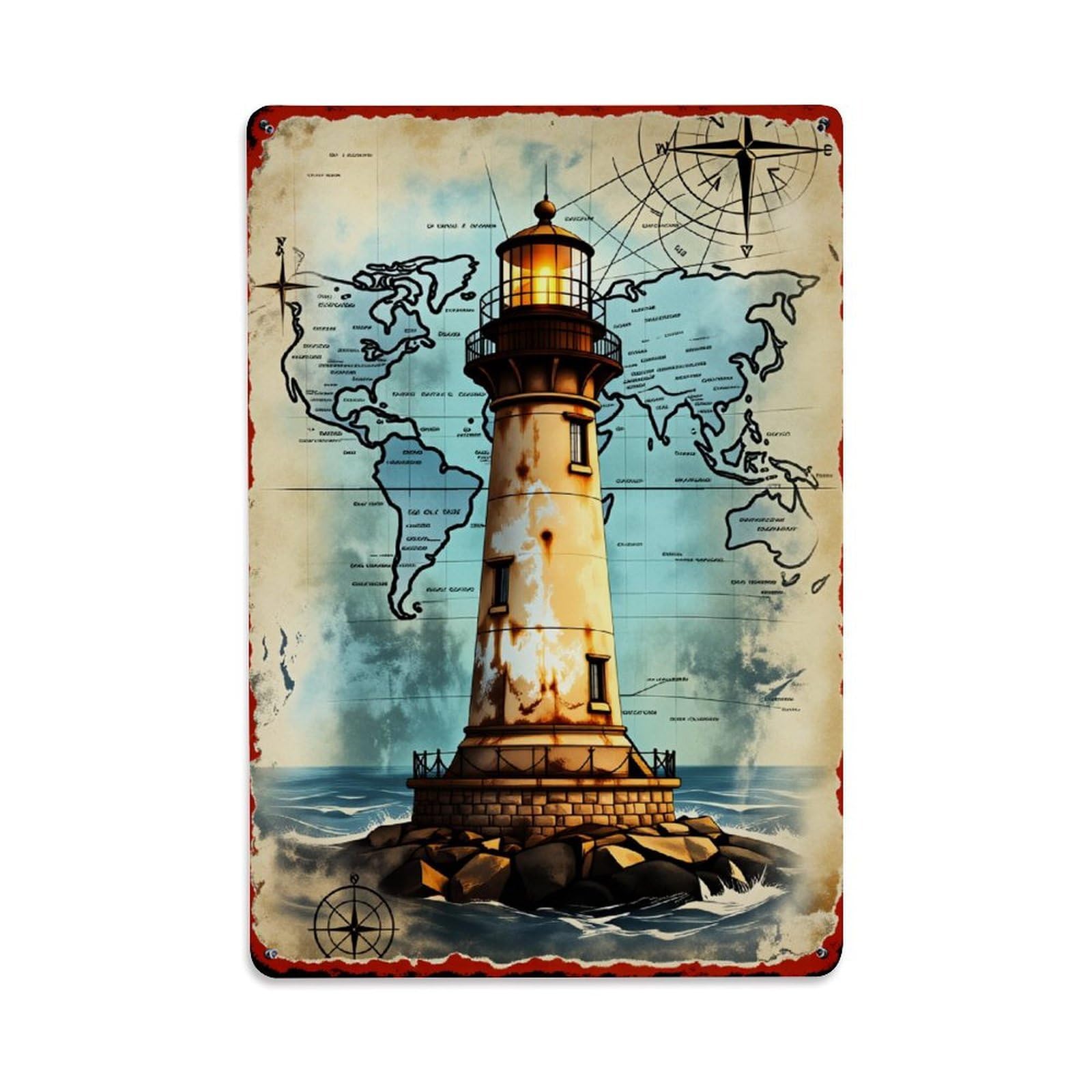 Ageksten Vintage Lighthouse Map Ocean Waves Compass Rustic Tin Sign Retro Metal Sign For Cafe Bar Pub Home Game Room Gym Club Wall Decoration Metal Poster 8X12 Inch