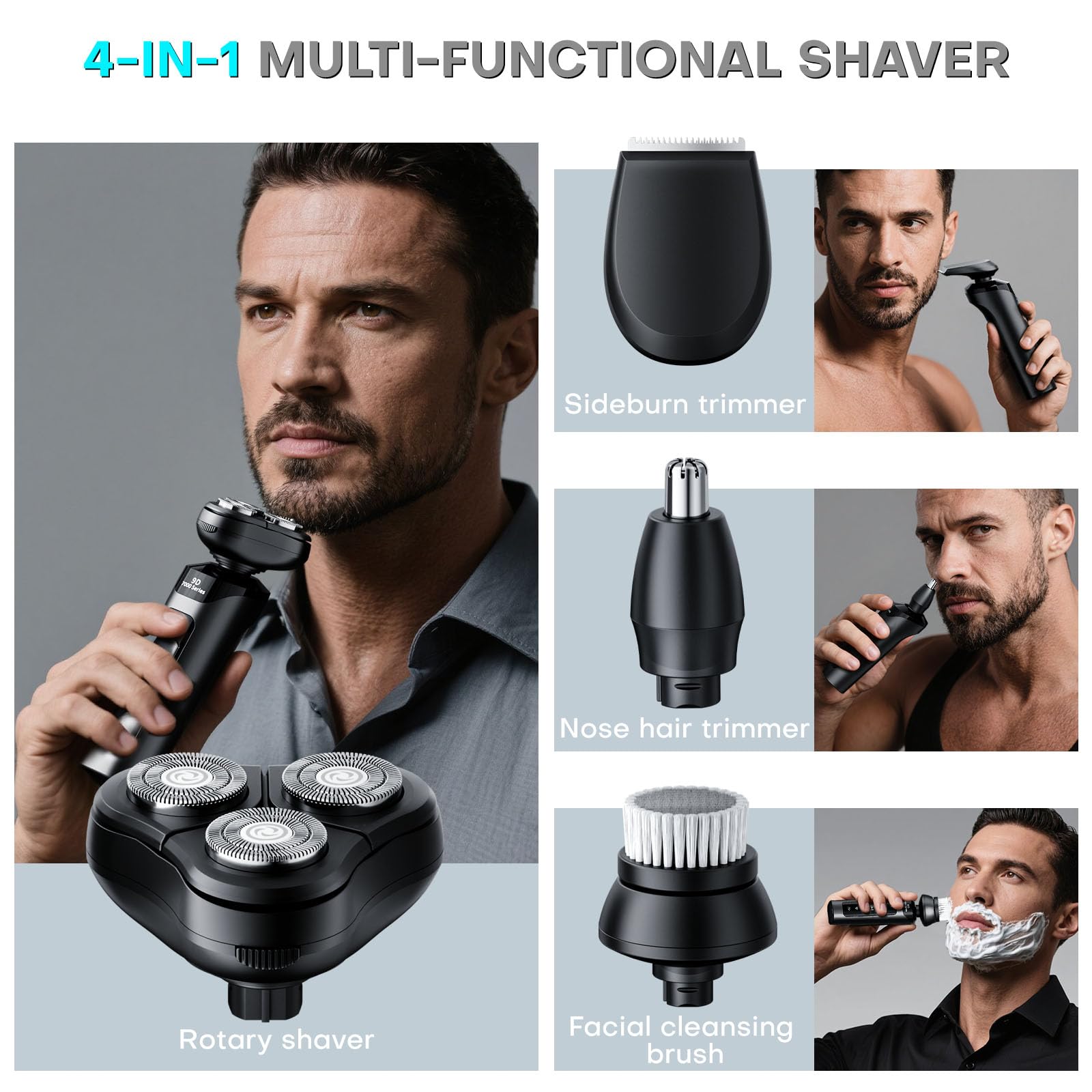 4-in-1 Electric Shaver for Men, USB Rechargeable Rotary Shaver with Beard Trimmer, Facial Cleaning Brush, Nose Hair Trimmer, and Sideburns Cutter