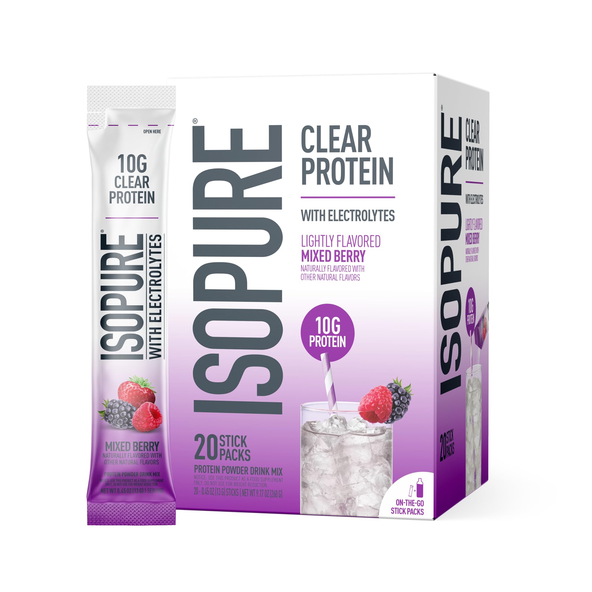 Isopure Clear Protein Stick Pack, Mixed Berry, 20 Count (Pack of 1) Mixed Berry 9.17 Ounce (Pack of 1)