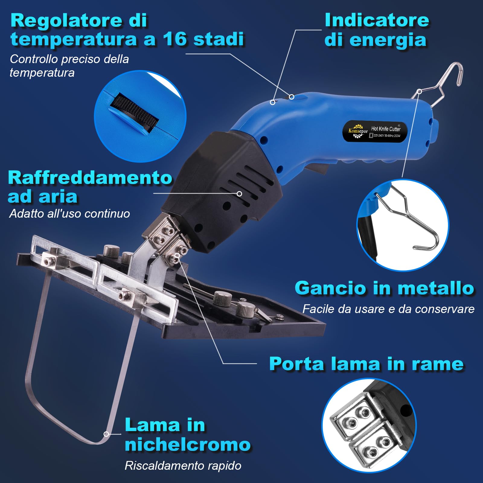 Komsepor 200W Taglierina Elettrica a Caldo per Schiuma con 5 Lame al Nichel-Cromo 0-600℃ 220-240V con Sistema di Raffreddamento per Polistirolo (Raffreddamento ad Aria Blu 200W+Slot)