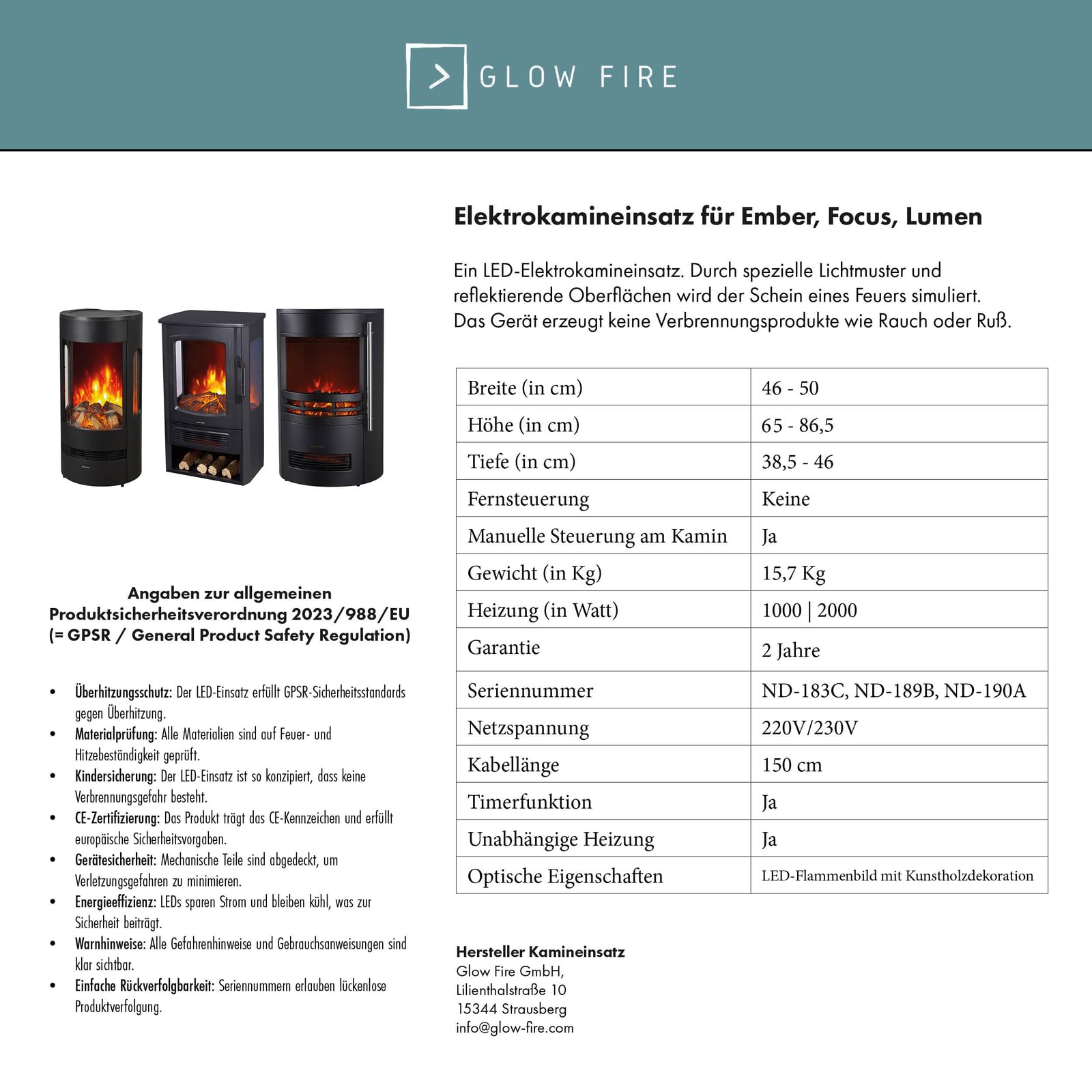Glow Fire Kominek elektryczny Ember z realistycznym ogniem LED 3D – stojący kominek elektryczny z ogrzewaniem i ogniem, efekt trzaskania, sterowanie aplikacją i timer, maks. 2000 W, 50 x 80,5 x 38,5