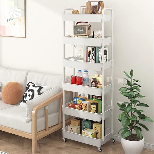 Miniatura 7 de Sywhitta Carrito utilitario de plástico de 3 niveles con asa, carrito de almacenamiento multifuncional para oficina, sala de estar, cocina,