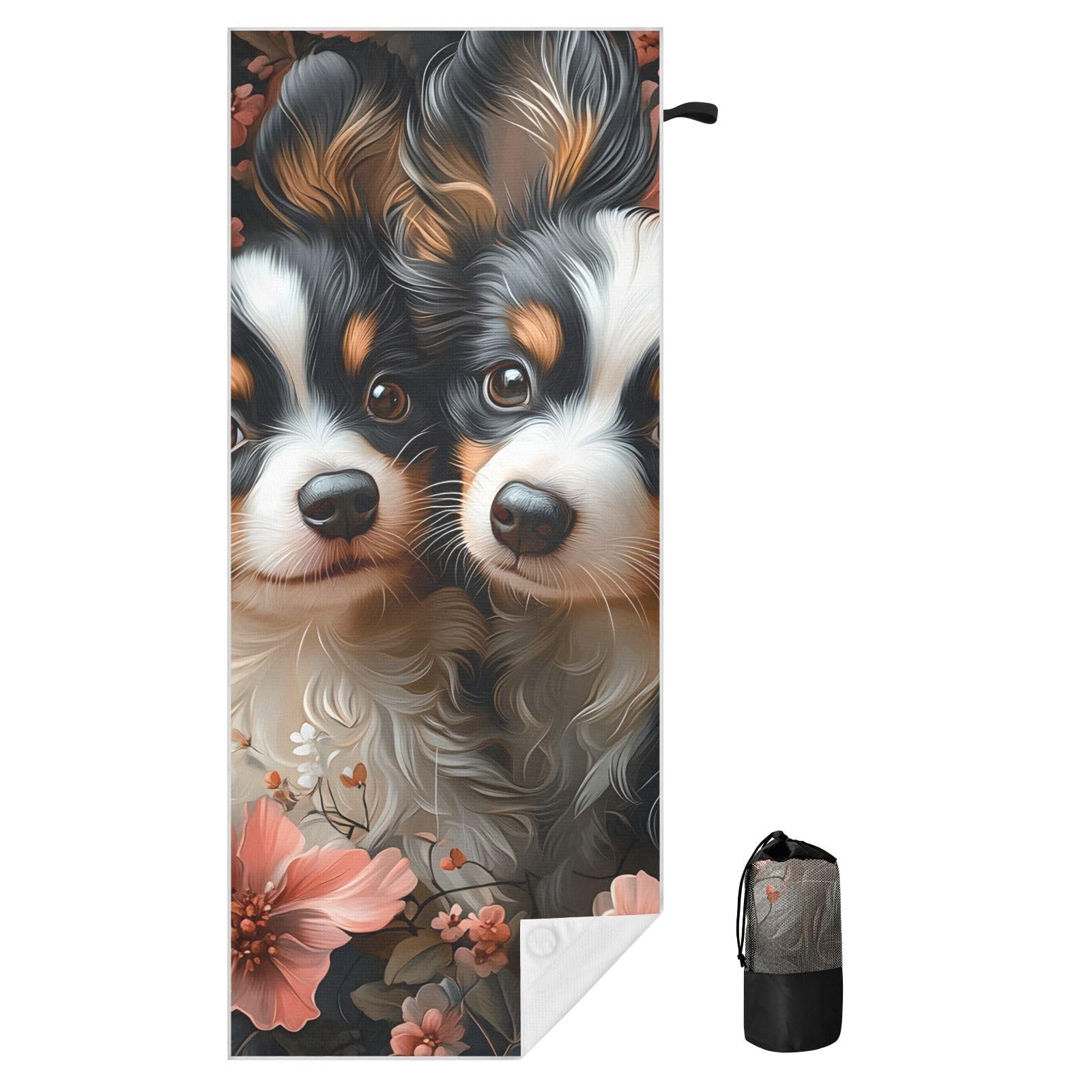 Toallas de playa grandes con bolsas de malla para adultos, toalla de baño de dos perros Papillon con cierre magnético, toalla absorbente de secado rápido para piscina, camping y viajes, 190 x 80