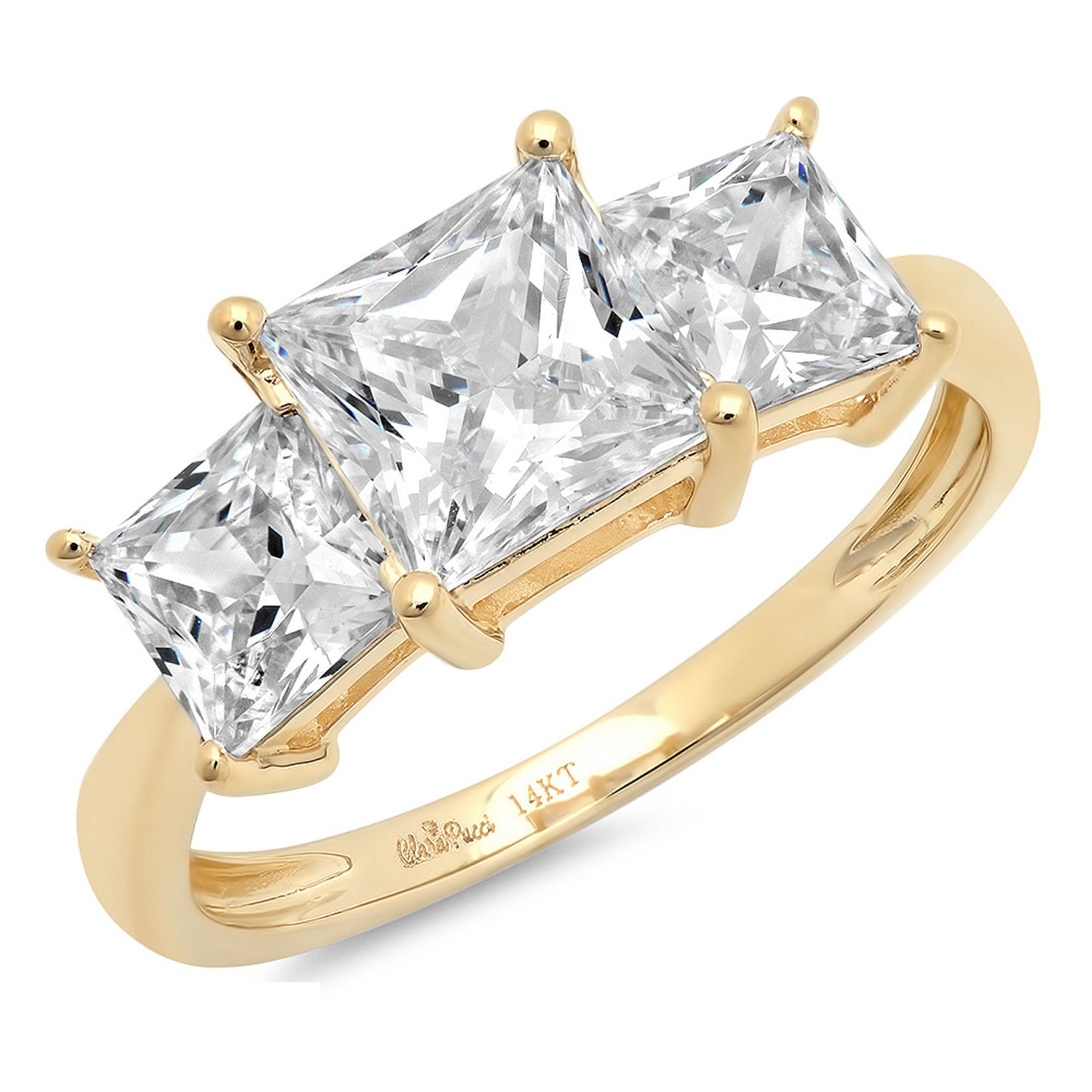 Clara Pucci2.62 Ct Princess Cut Clear Simulated Diamond 14K Yellow Gold Solitaire with Accents 3 Stone Engagement Anniversary Ring