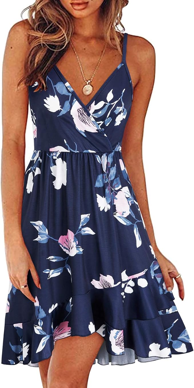 ULTRANICE Womens Summer Floral Wrap V Neck Adjustable Spaghetti Casual Ruffle Dress