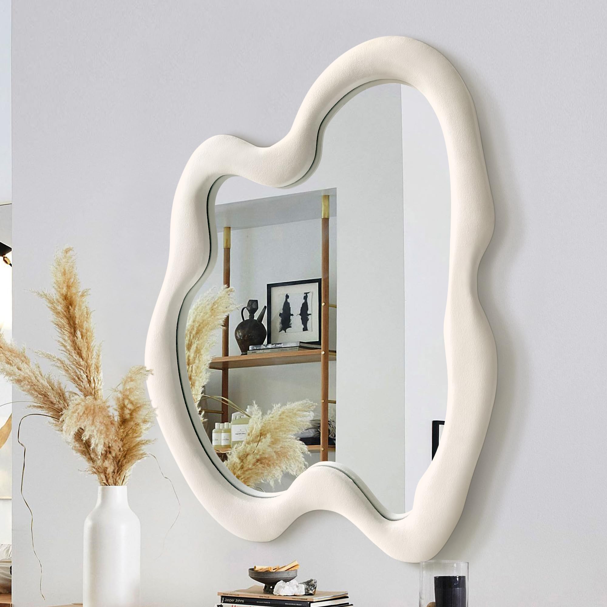 Irregular Wall Mirror Asymmetrical Mirror, White Wavy Mirror with Flannel Frame, Decorative Wall Mirror for Bedroom, Livingroom, Entryway, 20"x 28"