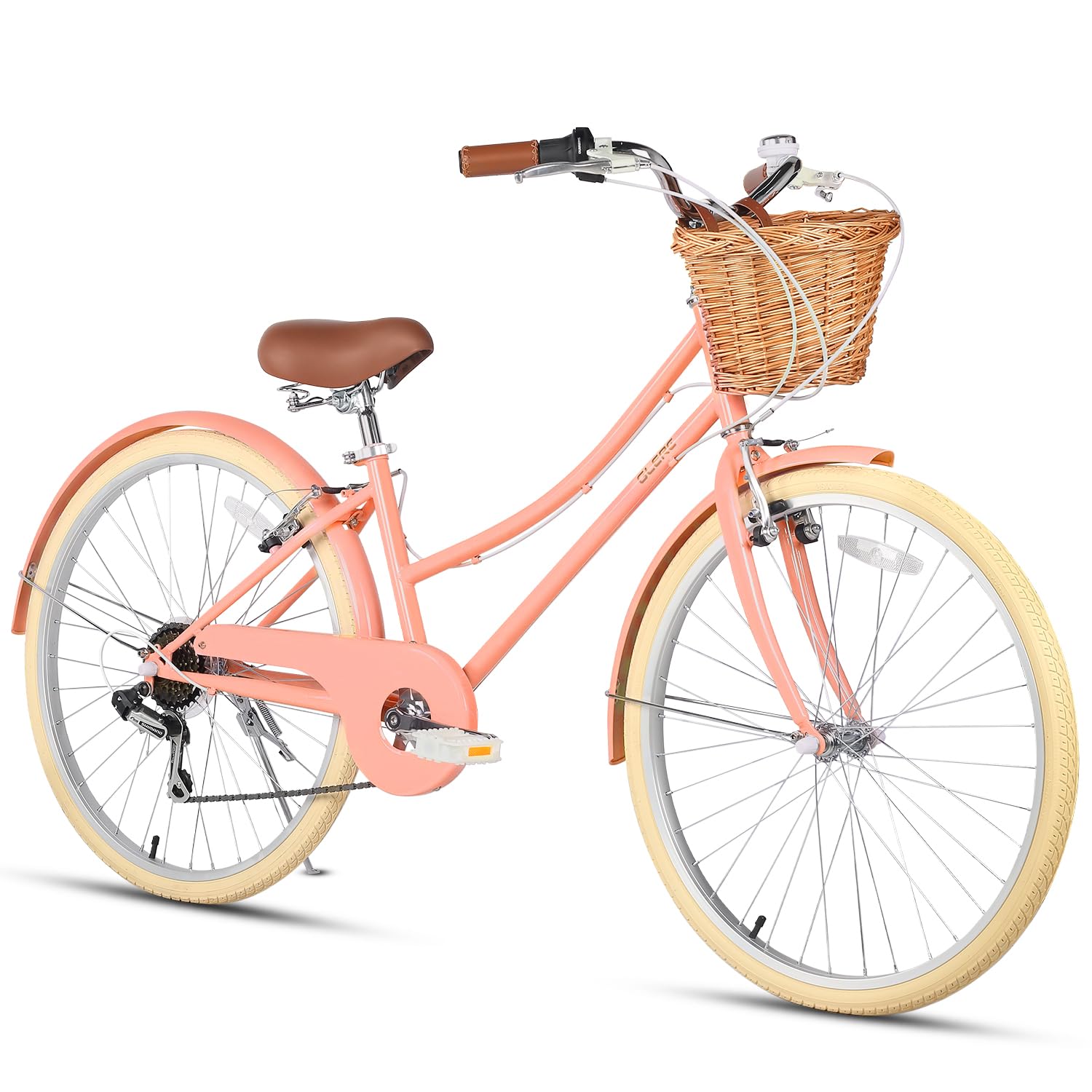 Glerc 20 24 26 Inch Beach Cruiser Bike, 6-Speed Hybrid City Bicycle for Girls Youth and Over 6 Years Old, Missy Bike with Wicker Basket & Lightweight, Multiple Colors
