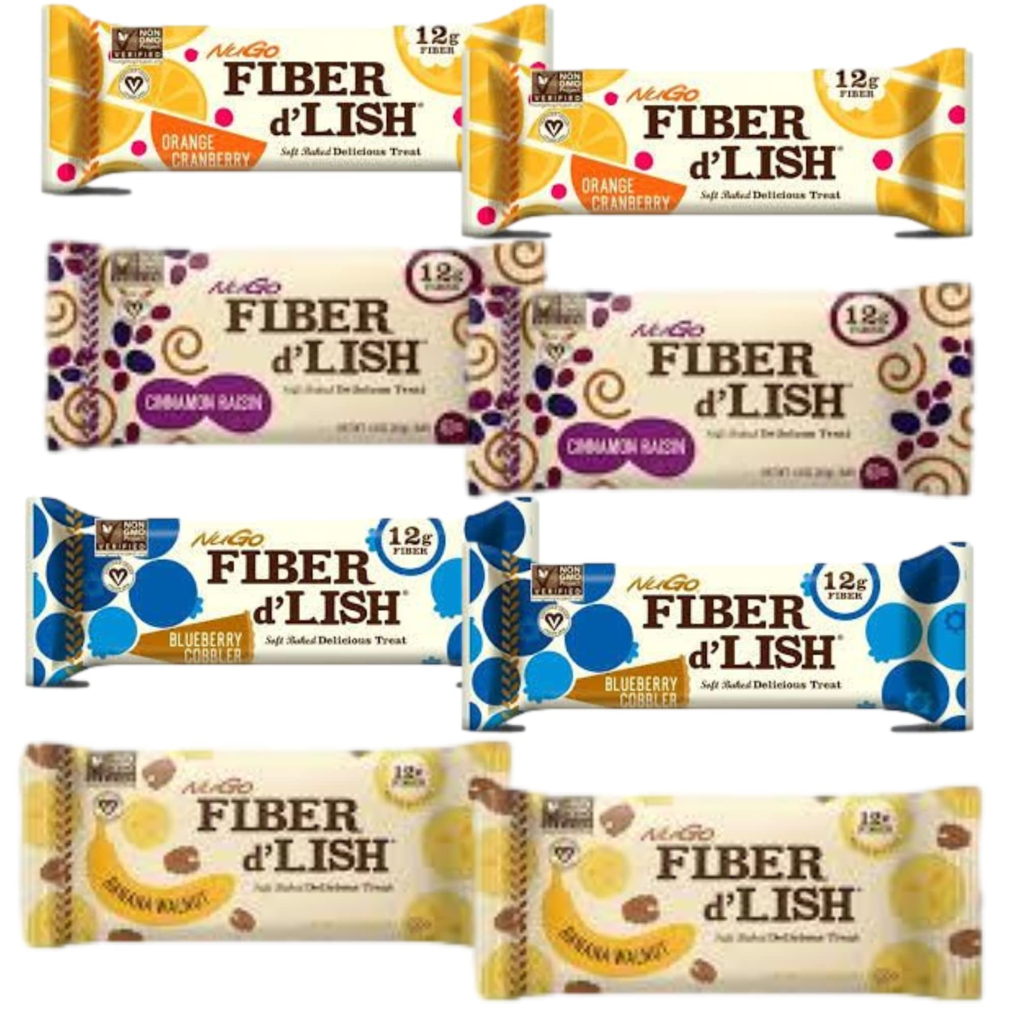 NuGo Fiber D'Lish Soft Baked Delicious Treat Two of Each Bars Orange Cranberry, Blueberry Cobbler, Banana Walnut And Cinnamon Raisin, 1.6 Ounce (Pack of 8)
