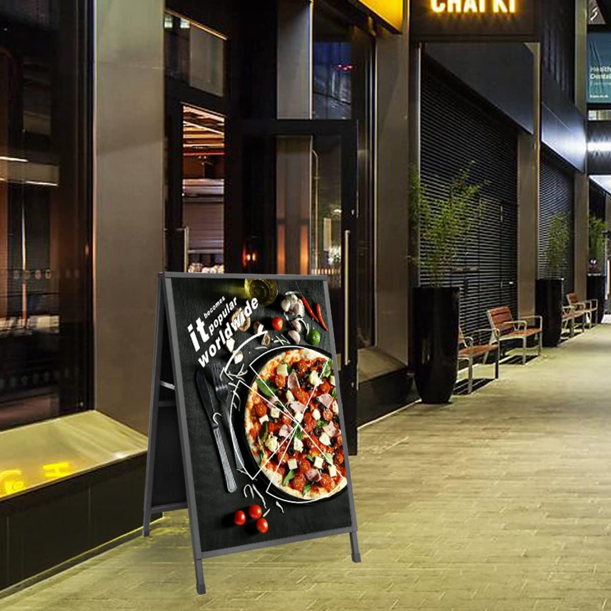 Yakpho Heavy Duty Slide-in Folding A-Frame Sidewalk Sign 24x36 Inch Black Coated Steel Metal Double-Sided Pavement Sign (Portable,Frame only)