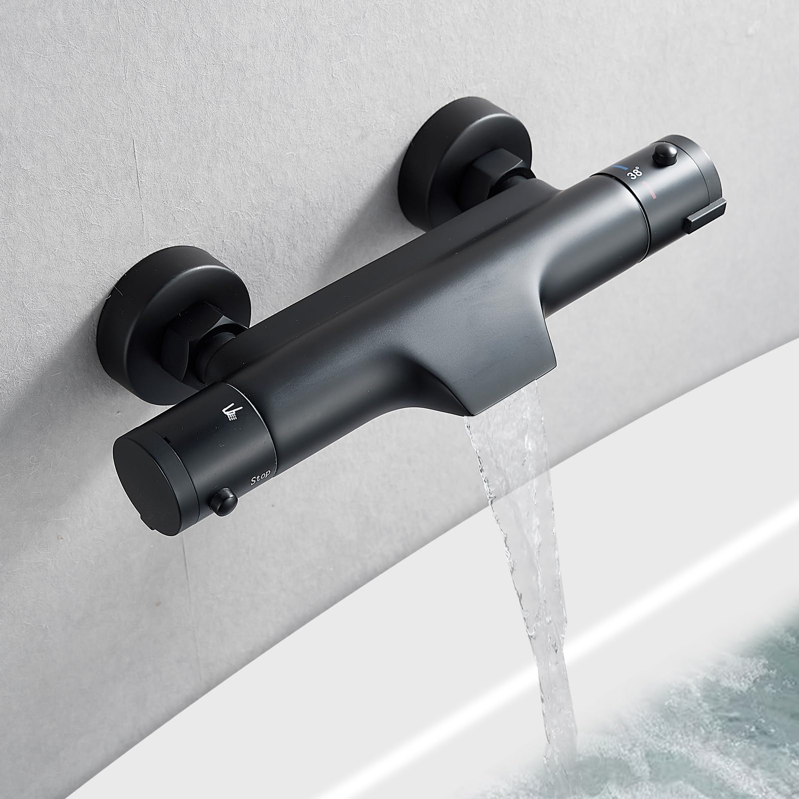 KEOKBON Thermostatic Bath Shower Mixer Tap,38℃ Safety Anti-Scald Bathtub Shower Mixer Bar Valve with Waterfall Bath Filler Spout
