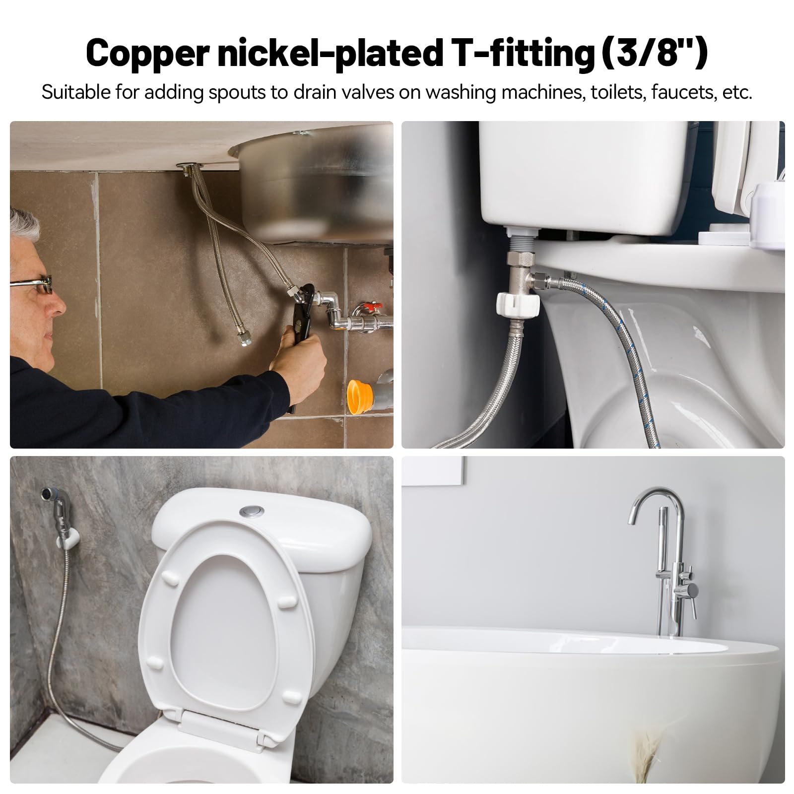 2 valvole angolari 3/8, 9/16 T, set di collegamento per WC, valvola di conversione a 3 vie, raccordo per acqua, raccordo a T, rotazione di 180°, nichelato, valvola di scarico per casa, bagno e