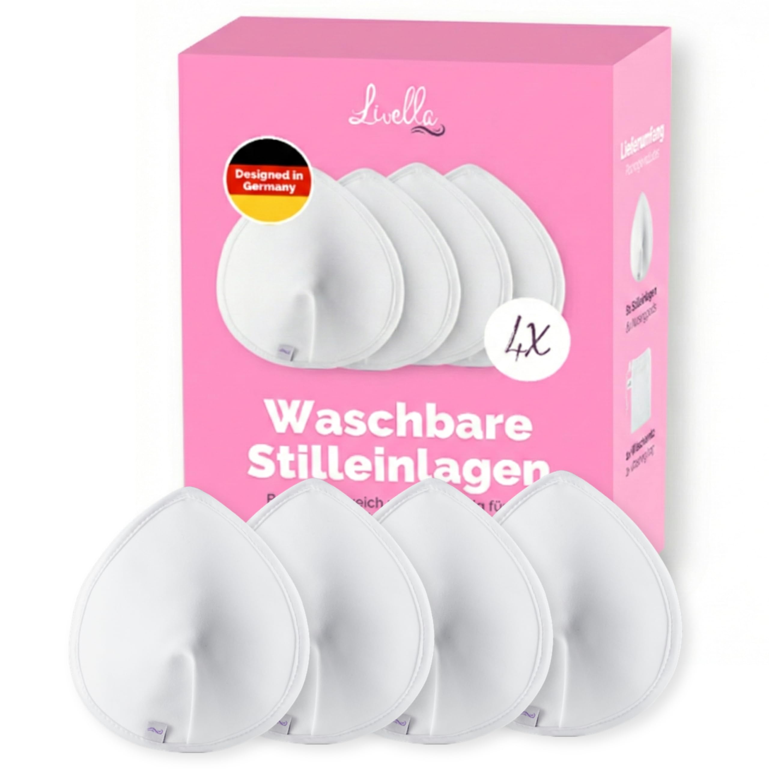 Livella | Waschbare Stilltücher Stillpads Stilleinlagen (4 Stück) mit saugstarkem Kern aus natürlichen Bambusfasern/wiederverwendbar/inkl. Wäschenetz (Weiß)