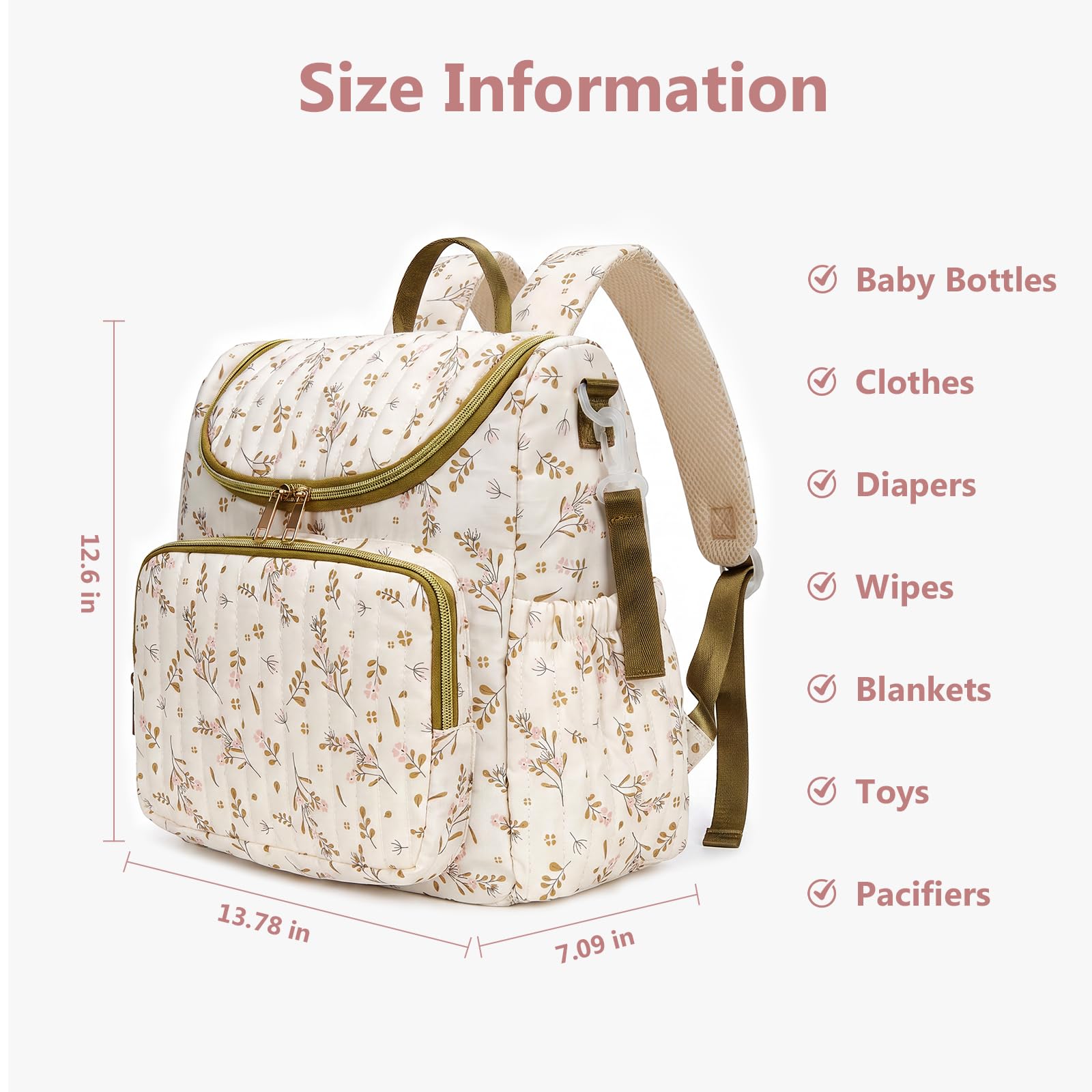 Wickeltasche mit Blumenmuster, Baumwolle, gesteppt, für Mütter, Baby-Reiserucksack mit Kinderwagengurt, braun, S, Casual