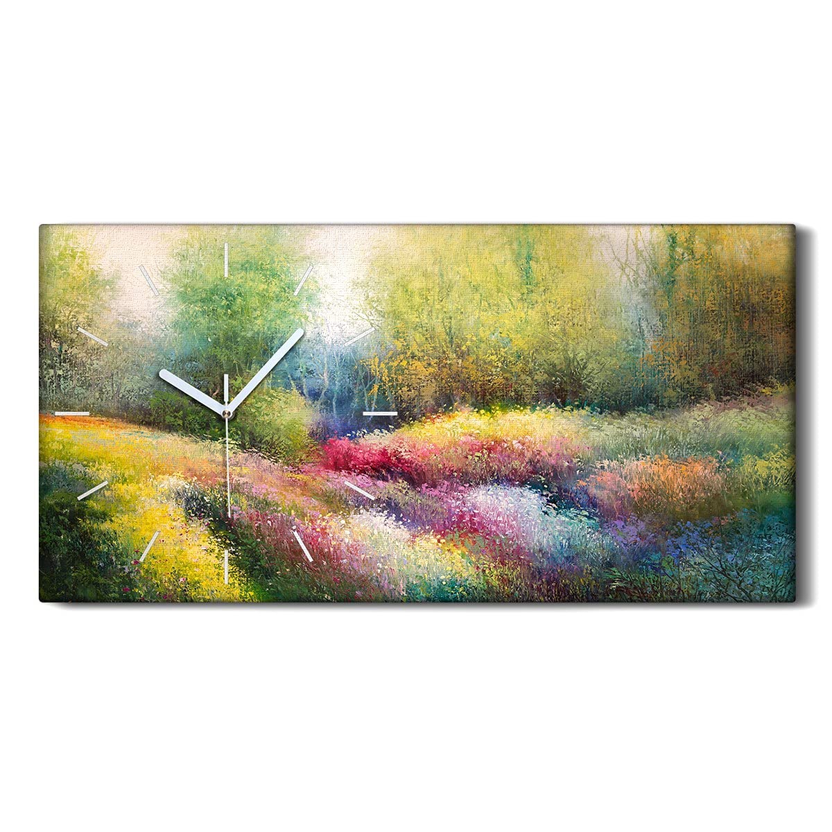 Horloge sur Toile Silencieuse 60x30cm Art Mural Fleurs Colorées