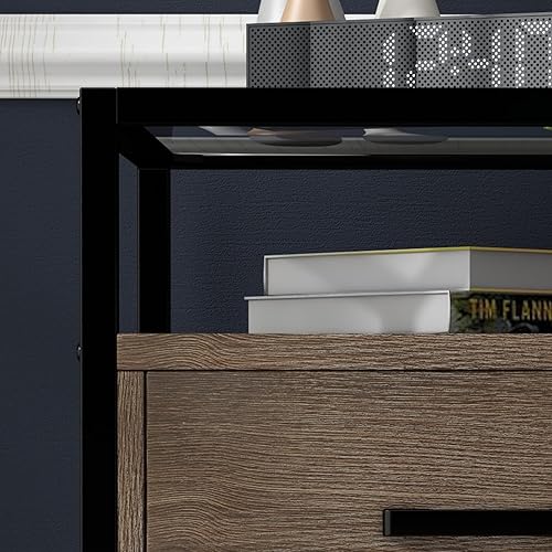 Miniatura 6 de AKDSteel Mesita de noche, mesa auxiliar con cajón de almacenamiento y almacenamiento de 3 niveles y parte superior de vidrio templado, muebles de