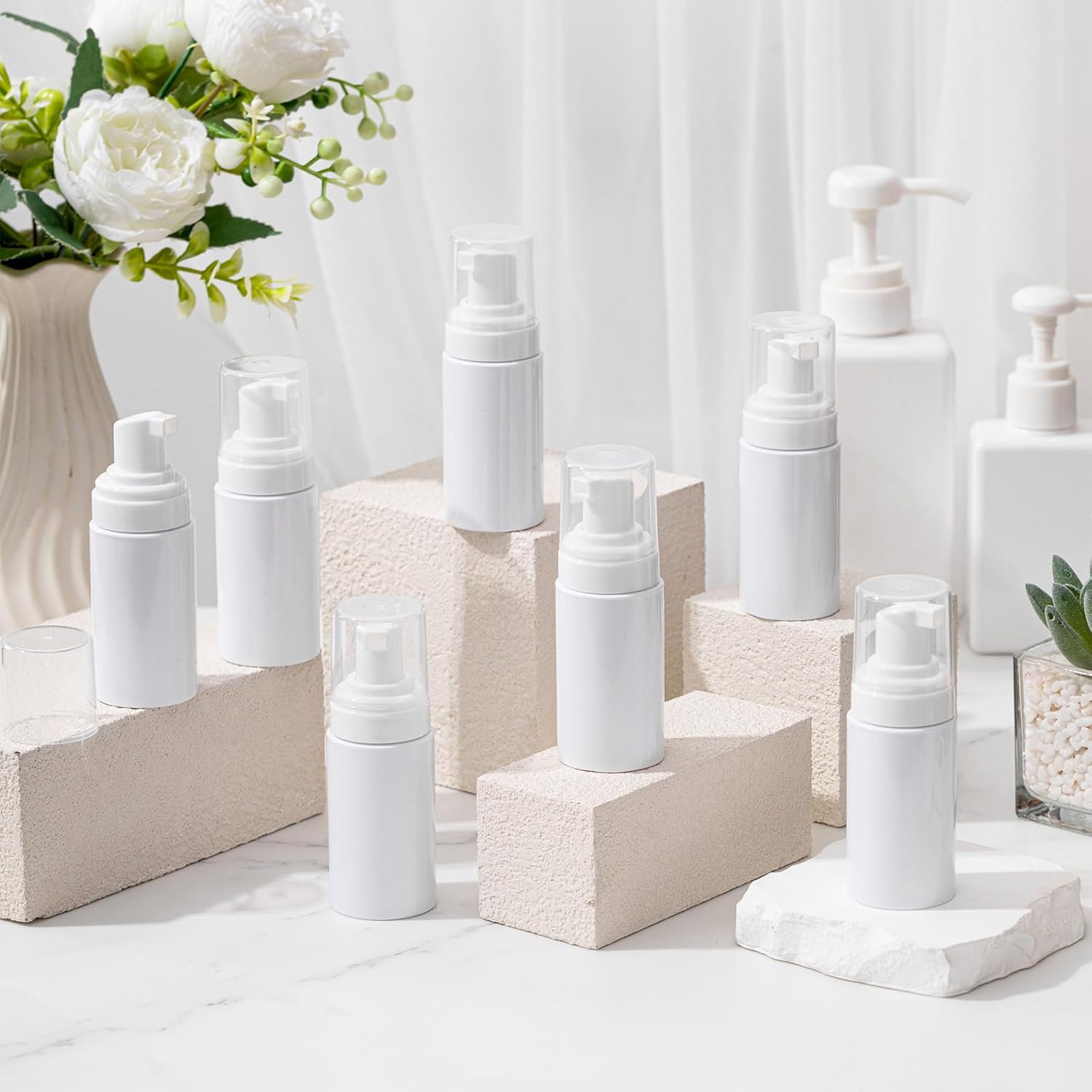 Teenyyou 50 Pcs Foam Pump Bottles 1oz/30ml Plastic Mini Empty Dispenser Refillable Travel Soap Foaming Bottles for Lash Shampoo Hand Soap Cosmetics Portable Travel Pack(White)