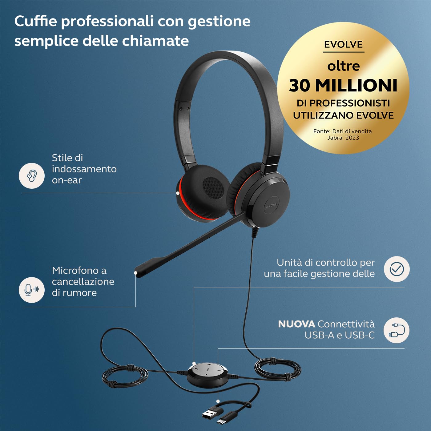 Jabra Evolve 20 SE - Cuffie stereo certificate Microsoft per softphone VoIP con cancellazione passiva del rumore - USB-C/A - Nero