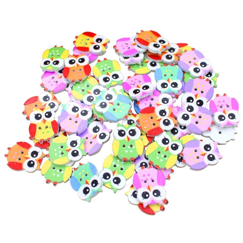 Namvo Type8 100Pcs Multicolored Cartoon Animal 2 Holes Wood Sewing Buttons-Owl