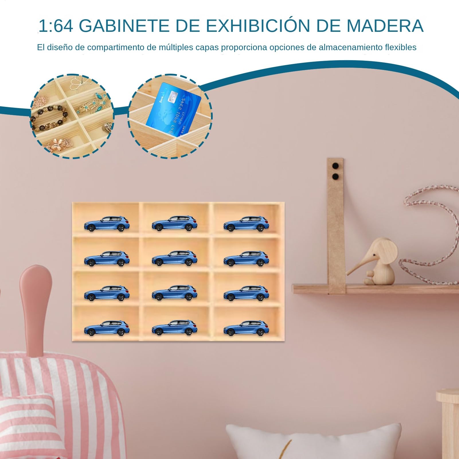 Genérico Gabinete de Almacenamiento para Coches de, Estante Organizador de Madera para Coches a Pared, Gabinete Decorativo De Fácil Instalación para Figuras Coleccionables Adolescentes Y