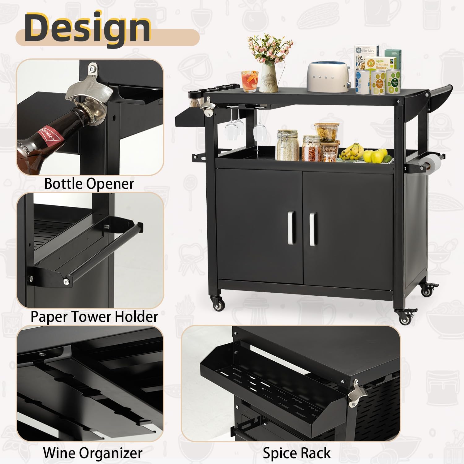 Outdoor Grill Prep Table Storage Cabinets Rolling Bar Grill Cart with Wheels for Blackstone 17/20/22 Inch Griddles Stand, Movable Kitchen Island for Patio, Outdoors, Bar, Outside, Poolside