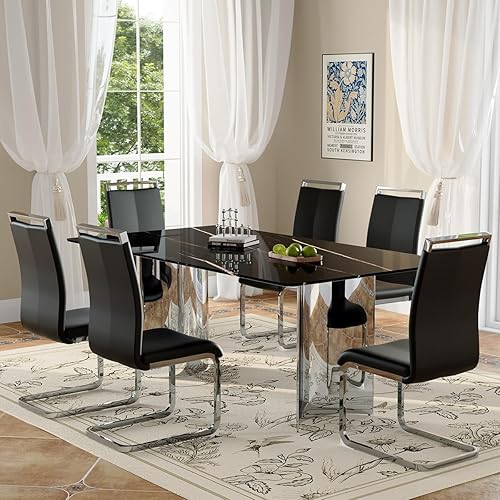Moderno juego de mesa de comedor para 6, 7 piezas, mesa rectangular de mármol sintético de 71 pulgadas con base de acero inoxidable plateado en