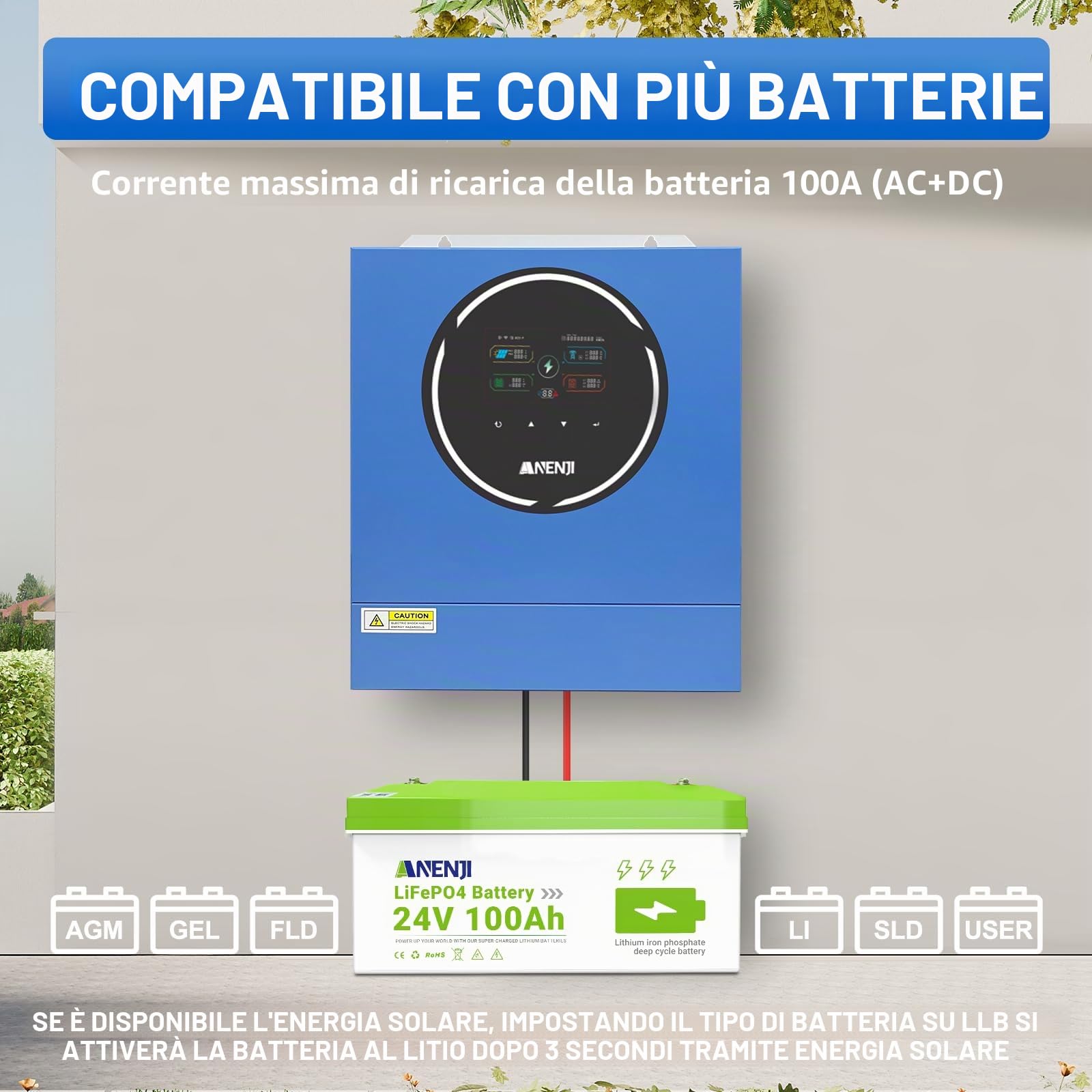 Inverter ibrido da 5000 W, 48 V, 230 V, Pure Sine Wave, WLAN integrato, 2 prese AC, regolatore di carica solare MPPT 100 A, PV 60-500 Vdc, Invertitore off-grid per batterie al litio (LiFePO4) e al