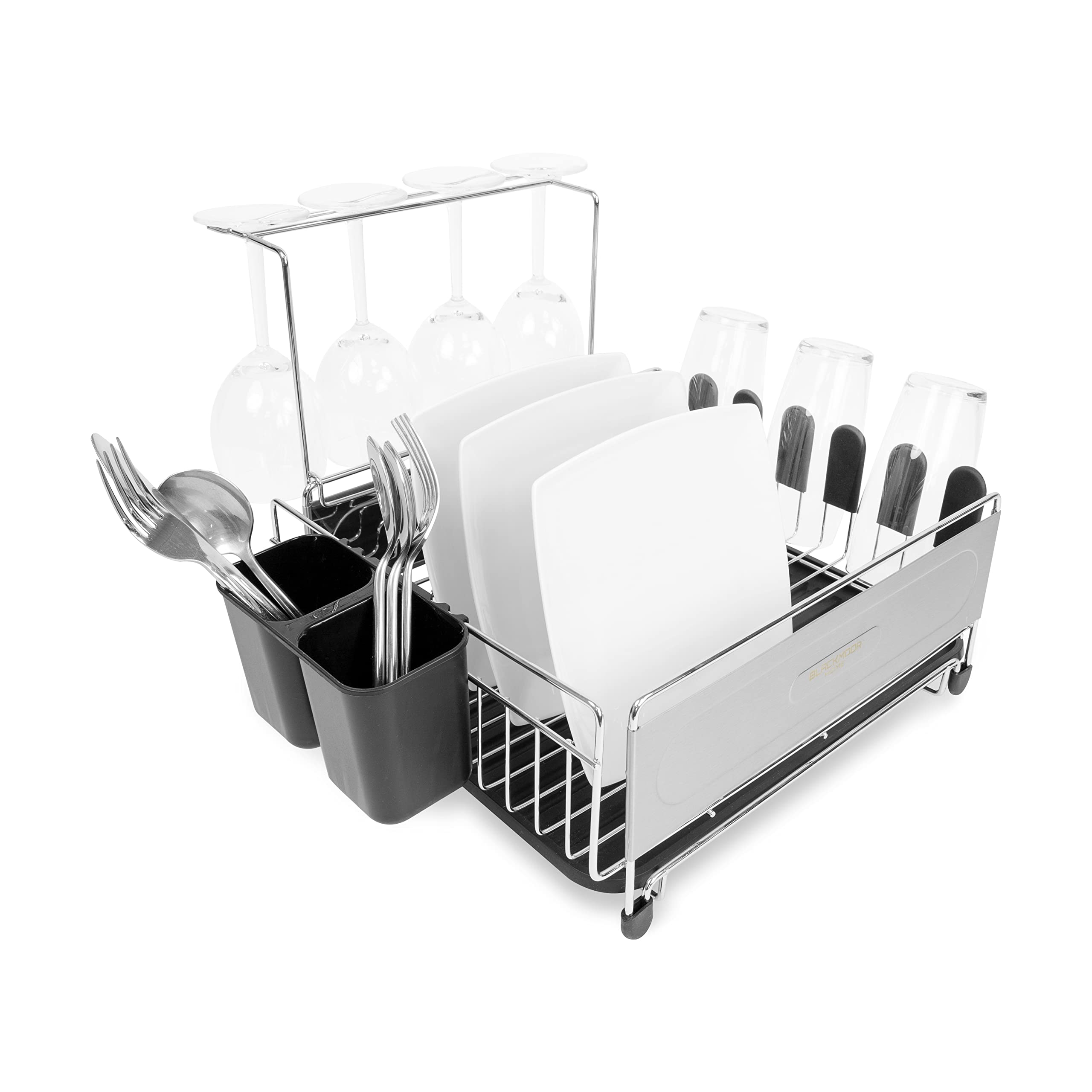 Blackmoor Deluxe Stainless Steel Dish Drainers/Features Wine Glass, Cutlery & Cup Holders/Removable Drip Tray / 45cm x 30cm x 30cm (W x D x H) / Black & Silver Colour