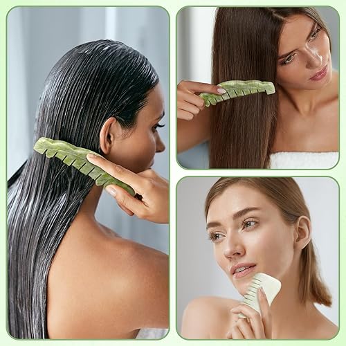 Vista 4 de Geiserailie 2 peines de jade para masajes con piedra para el cabello, Gua Sha, raspado del cuero cabelludo, herramienta de masaje facial
