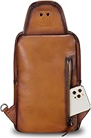 Vista 3 de LRTO Bolso bandolera de cuero genuino para motocicleta, hecho a mano, para senderismo, mochila de hombro retro, Marrón, Mochilas Sling