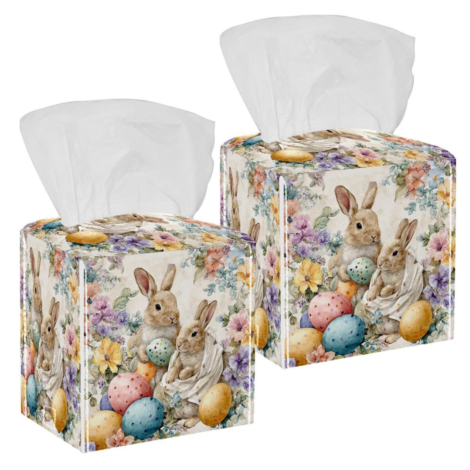 Rabbits and Easter Eggs Tissue Box Cover, 2 Pack PU Leather Square Facial Tissue Dispenser Box holder for Home Office Car