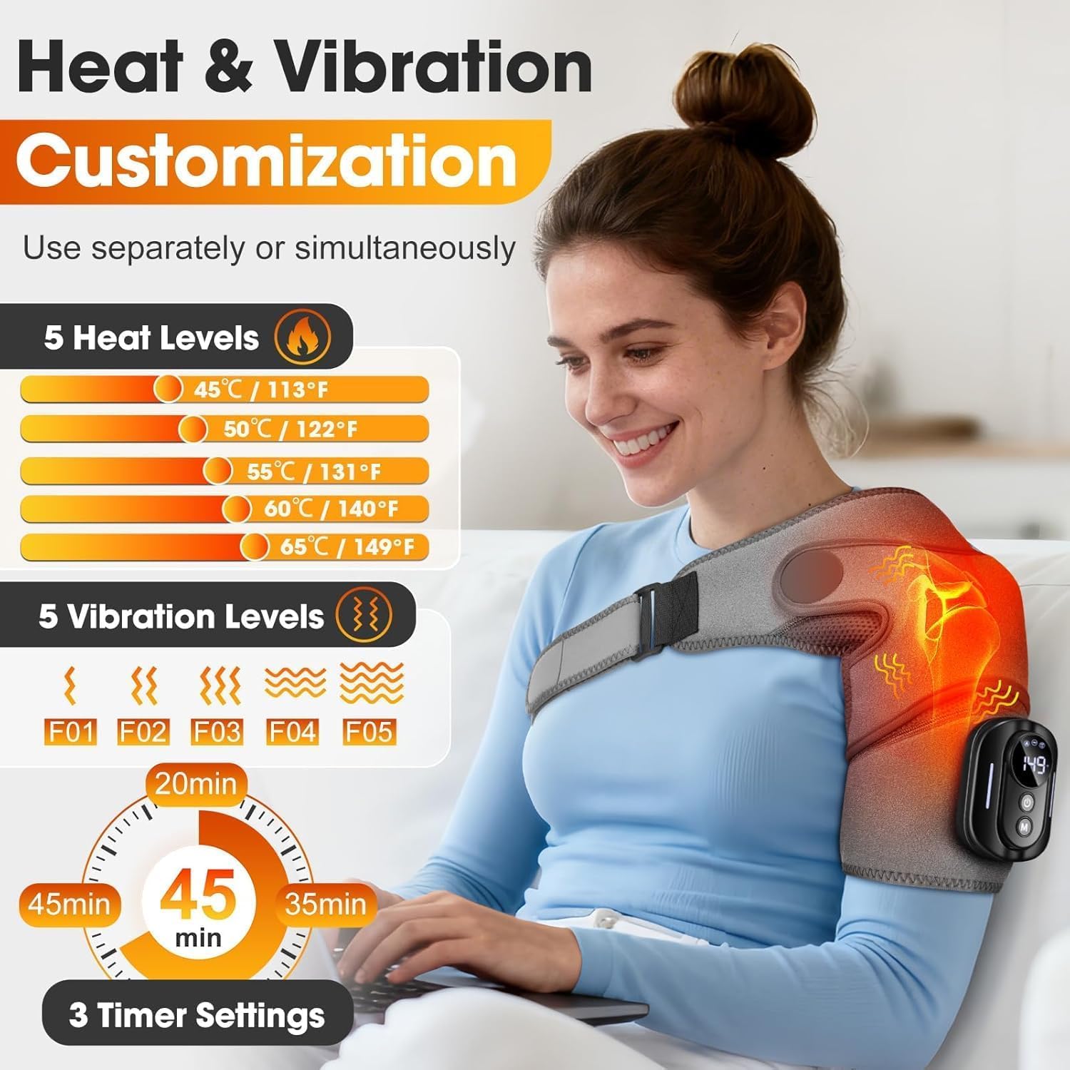3-in-1 Schultermassager, Kabellose Beheizte Schultermassageauflage, 5 Einstellbare Wärme- & Vibrationsmodi, 5000mAh Schultermassagegerät mit Fernbedienung, 3-Gang-Timer, für Männer Frauen Geschenk