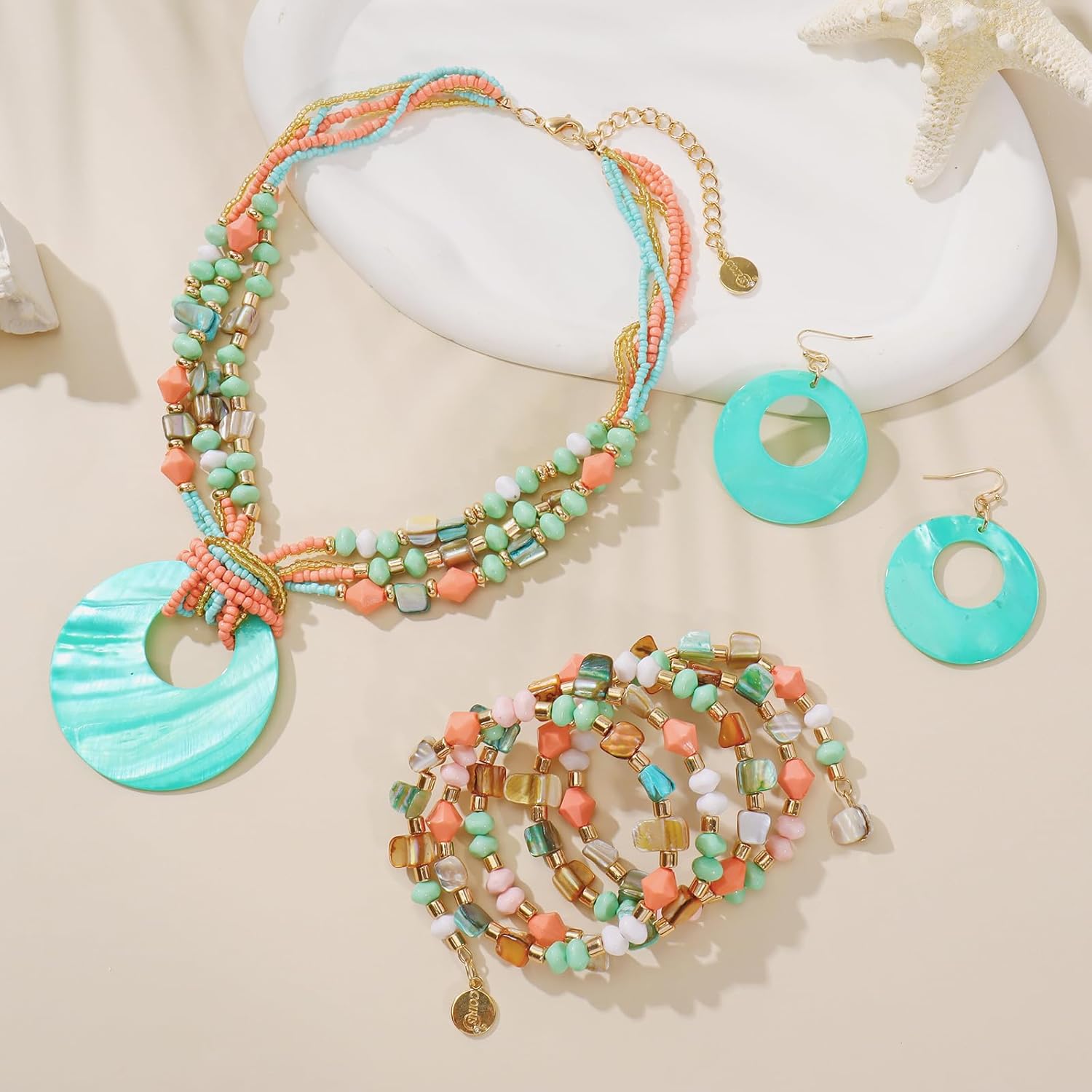 Jewelry Sets for Women 4 Pcs Chunky Beaded Mrs Roper Costume Jewelry for Women Boho Multi Strand Colorful Shell Necklace for Women - Image 3