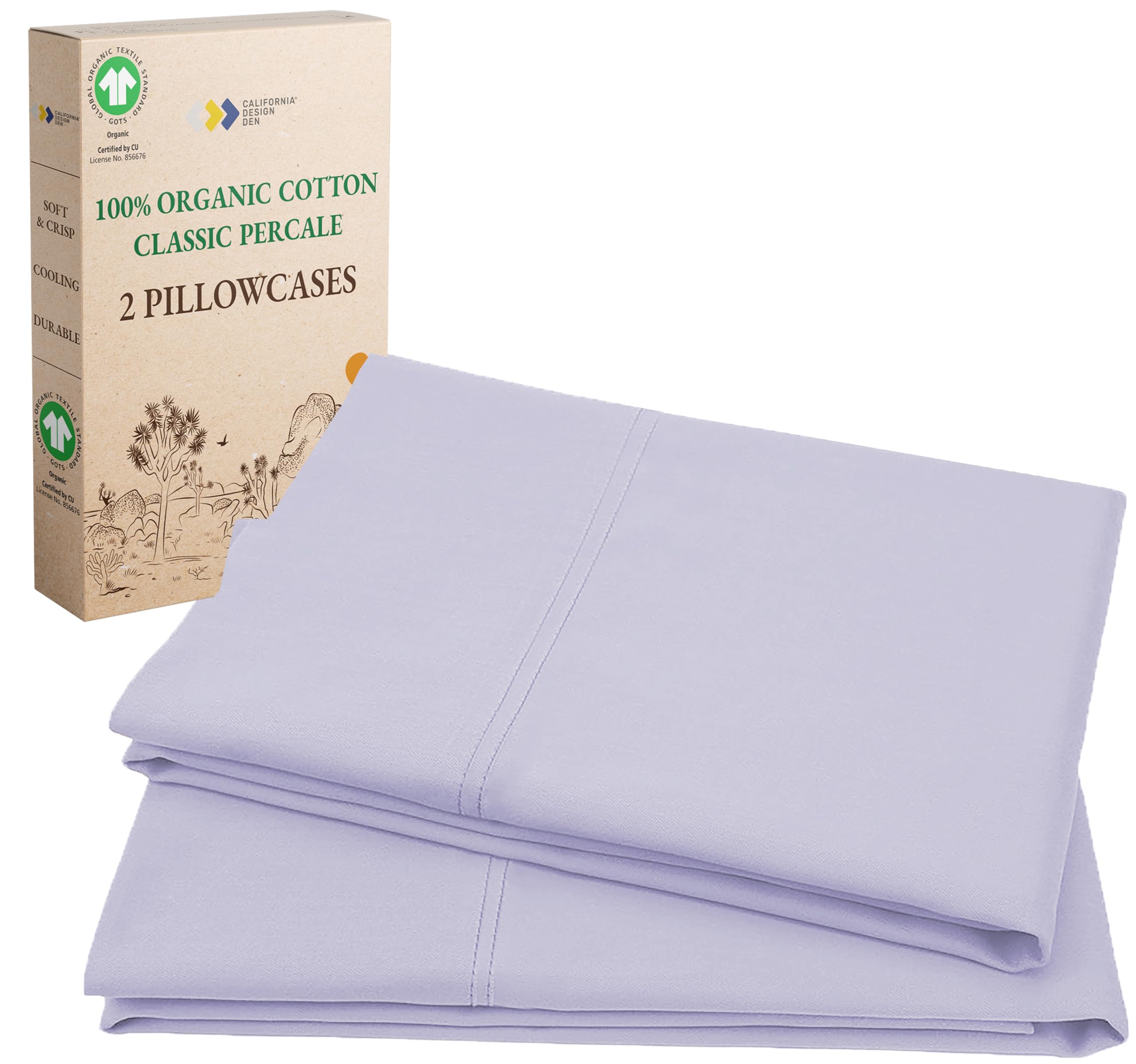 California Design Den 100% Organic Cotton Standard/Queen Size Pillow Cases Set of 2 - Soft & Cooling Percale Pillow Cases, Fits Standard & Queen Pillows - Lavender Mist