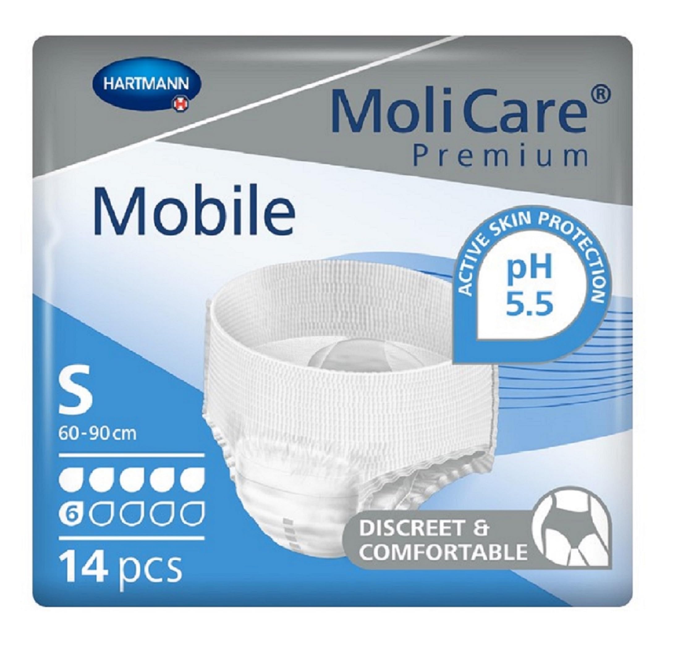 MoliCare Premium Mobile 6 Drops Size S | Incontinence Pants, Discreet Underwear for Men & Women with Incontinence | 24-35 inches (60-90cm) | Pack of 14, White