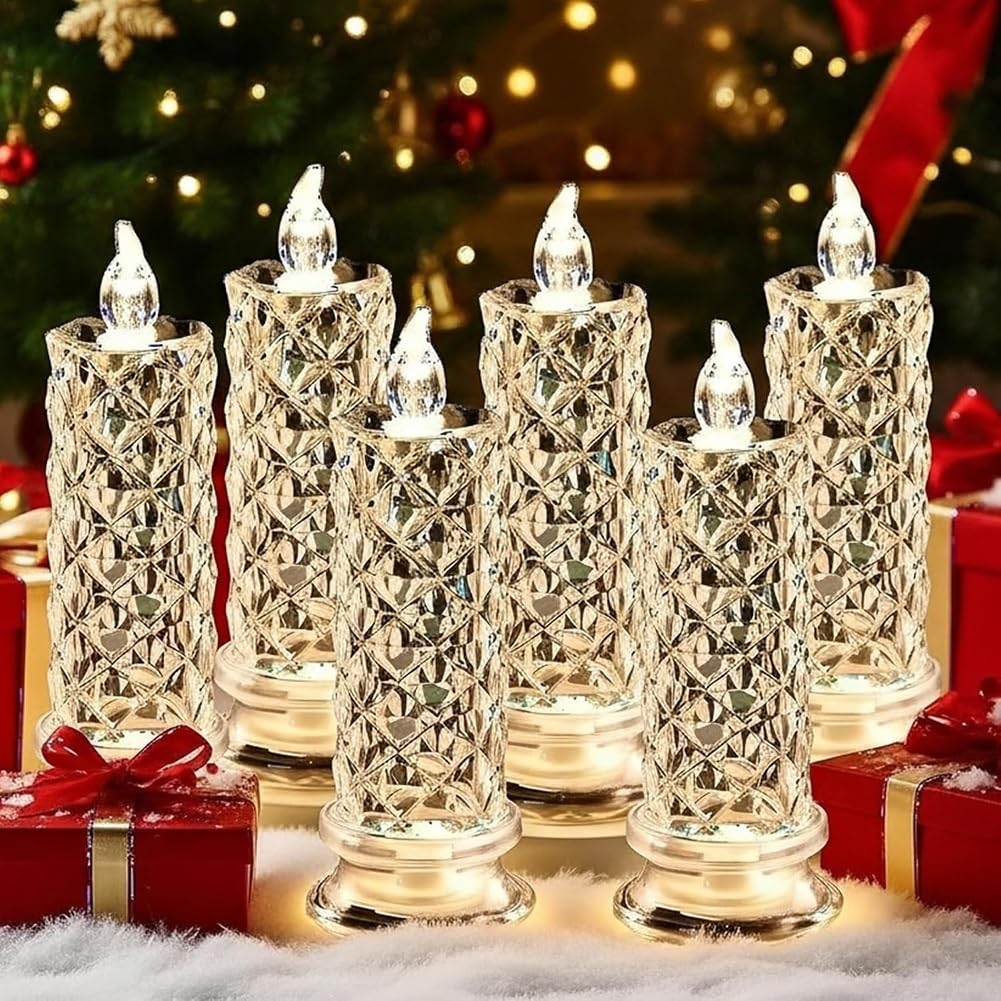 LexTex Set of 4 LED Crystal Candle Lights, Flameless LED Candles, Rose Shadow LEDs Flameless Candles, Romantic Flameles Pillar Candle for Christmas Wedding Table Decorations(White,6PCS)