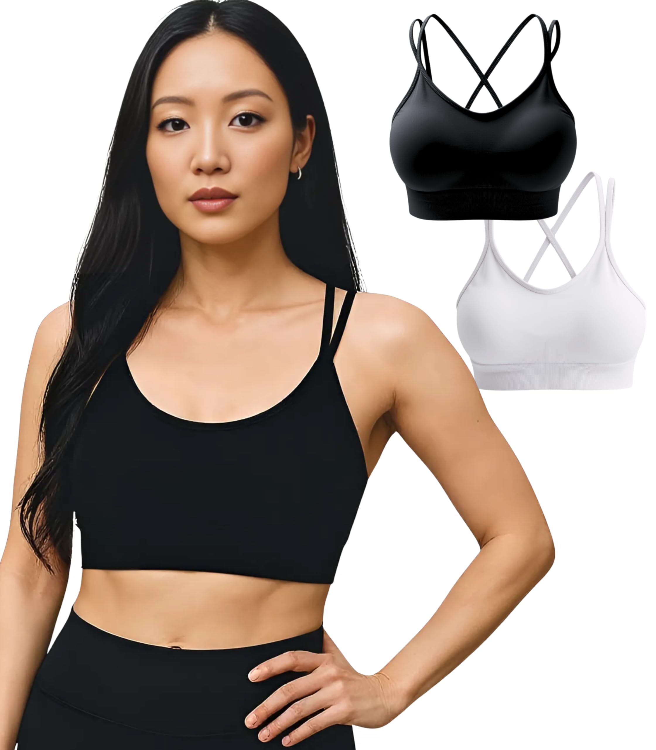 REZYLE Sports Bra Sewn in Pads - Non Removable Padded Bralette for Women, Strappy Bra 2-Pack