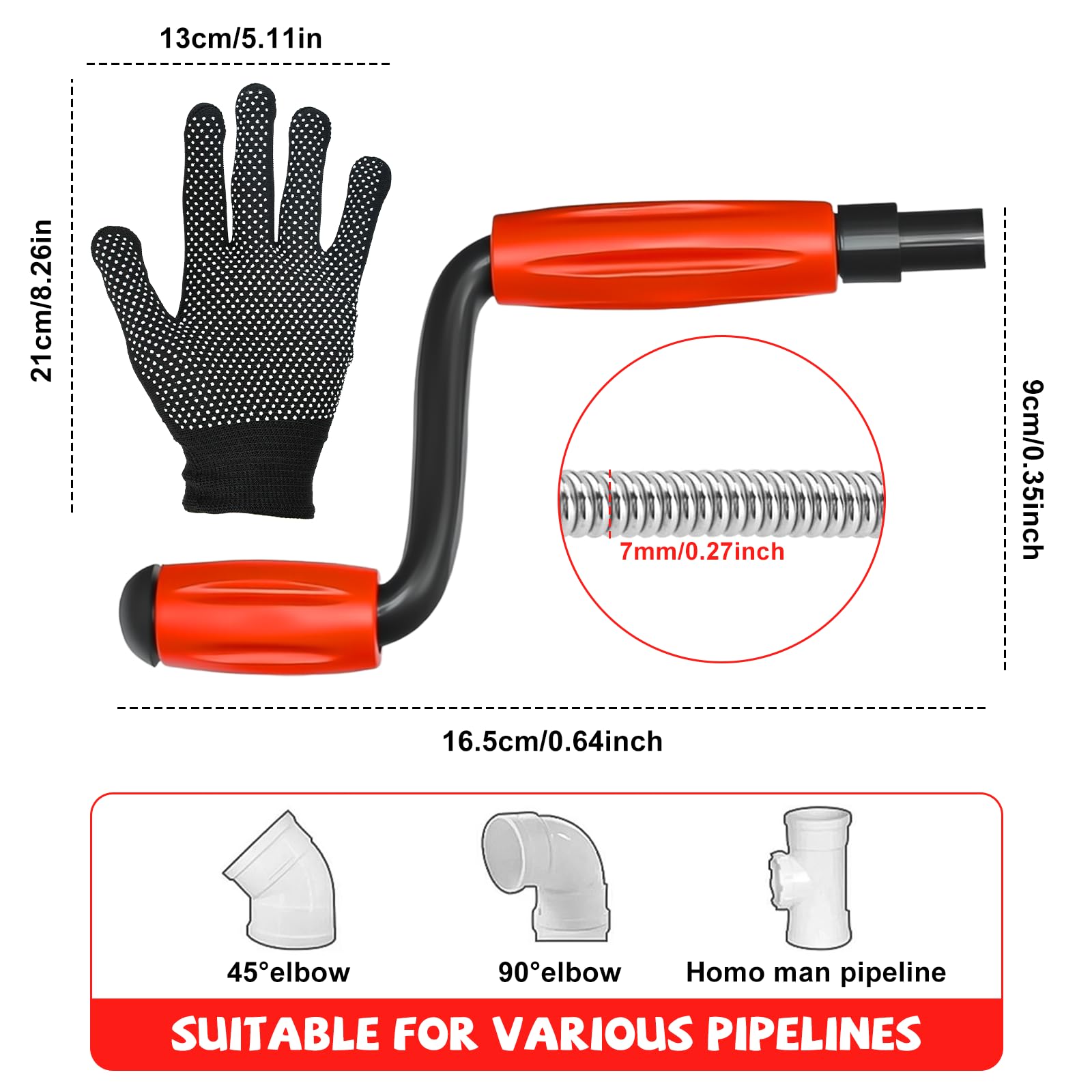 Sonda Sturatubi con 1 paio di Guanti, 5 m x 9 mm Stura Lavandini e Scarichi Professionale Dispositivo Flessibile per Pulizia Tubazioni Stura Tubi di Scarico Molla Sturatubi di WC, Bagno, Cucina