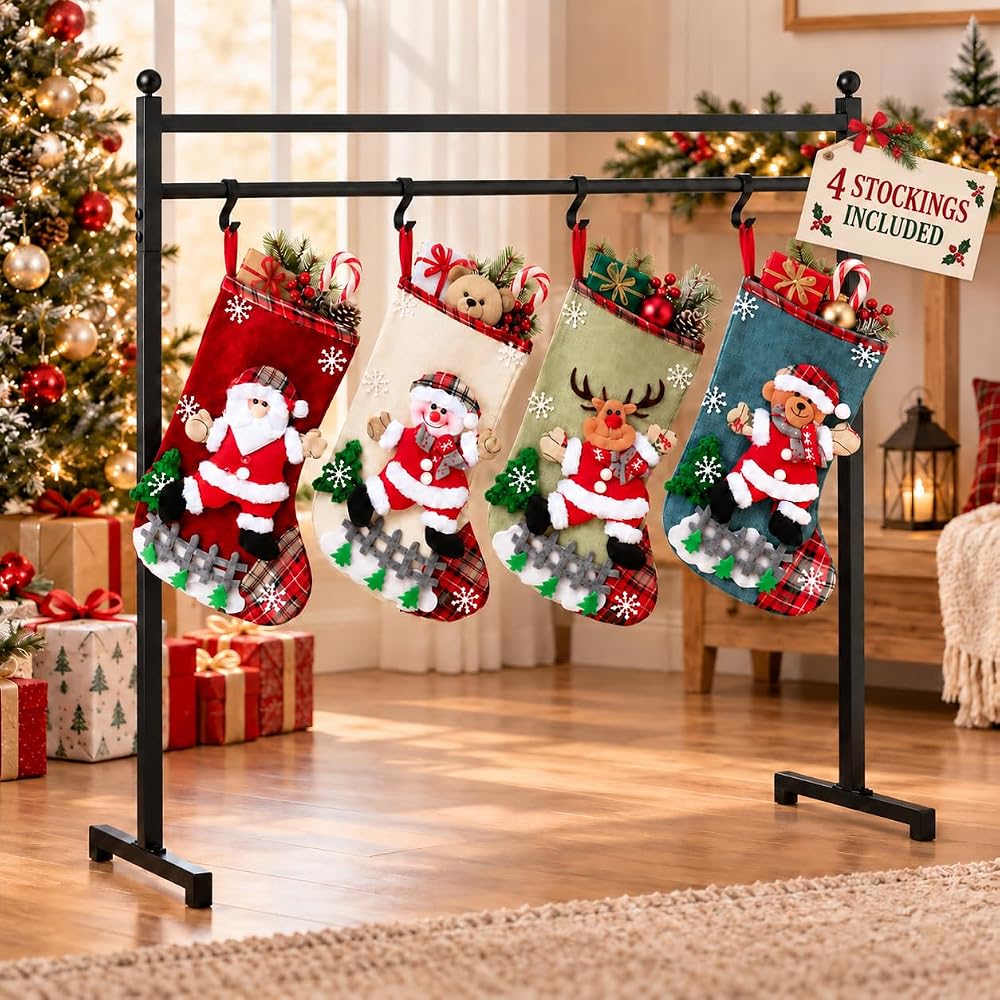 Christmas Stocking Holder Stand with 12 Hooks and 4 Stockings — 사진 1