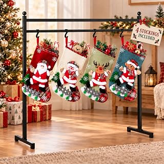 Christmas Stocking Holder Stand with 12 Hooks and 4 Stockings