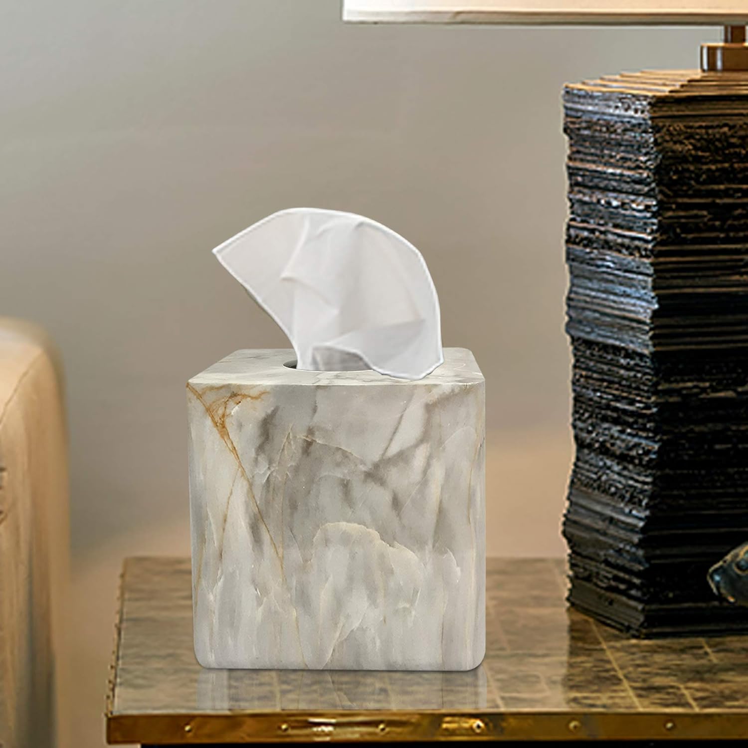 nu steel Stone Hedge Boutique Cover Set Resin Square Facial Tissue Box Holder for Bathroom Vanity Countertops, Bedroom Dressers-Marble Finish