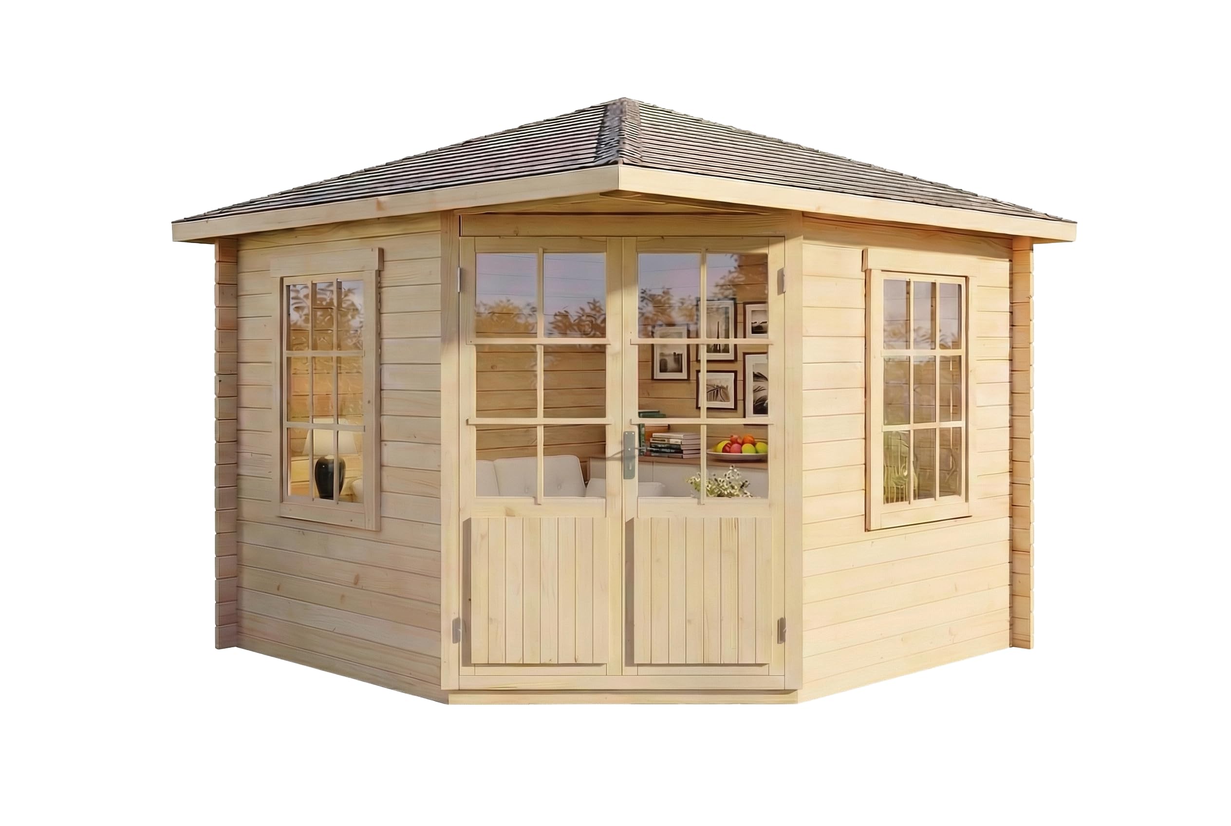 Alpholz 5-Eck Gartenhaus Monica aus Massiv-Holz, Gerätehaus mit 28 mm Wandstärke, Garten Holzhaus inklusive Montagematerial, Geräteschuppen Größe: 300 x 300 cm, Spitzdach