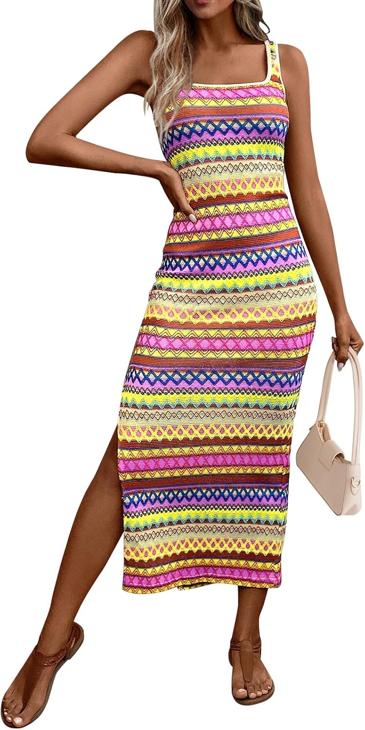 PRETTYGARDEN Tank Dress for Women 2026 Summer Casual Striped Maxi Dresses Fitted Square Neck Beach Vacation Bohemian Sundress