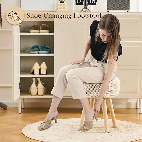 Miniatura 2 de Taburete redondo otomano de punto de algodón, taburete moderno con patas de madera antideslizantes para sala de estar, dormitorio, color blanco