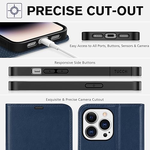 Miniatura 7 de TUCCH Funda para iPhone 14 Pro Max, carcasa interior de TPU a prueba de golpes, piel sintética bloqueo RFID 4 tarjeteros magnéticos, funda