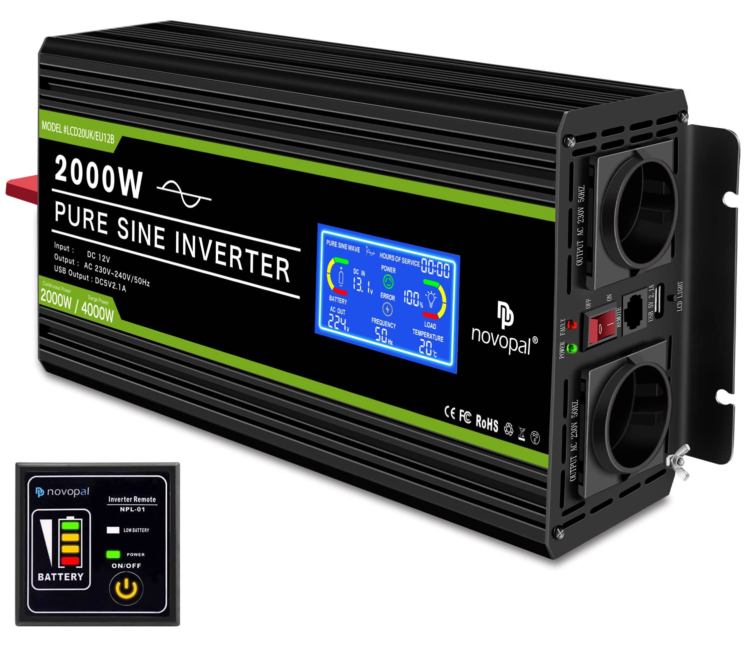 NOVOPAL Convertisseur Pur Sinus 2500W-DC 12V à AC 220V/230V Onduleur-2 Prise Française De Courant Alternatif Et 1 Port USB-télécommande Avec INCL. 5 Mètres