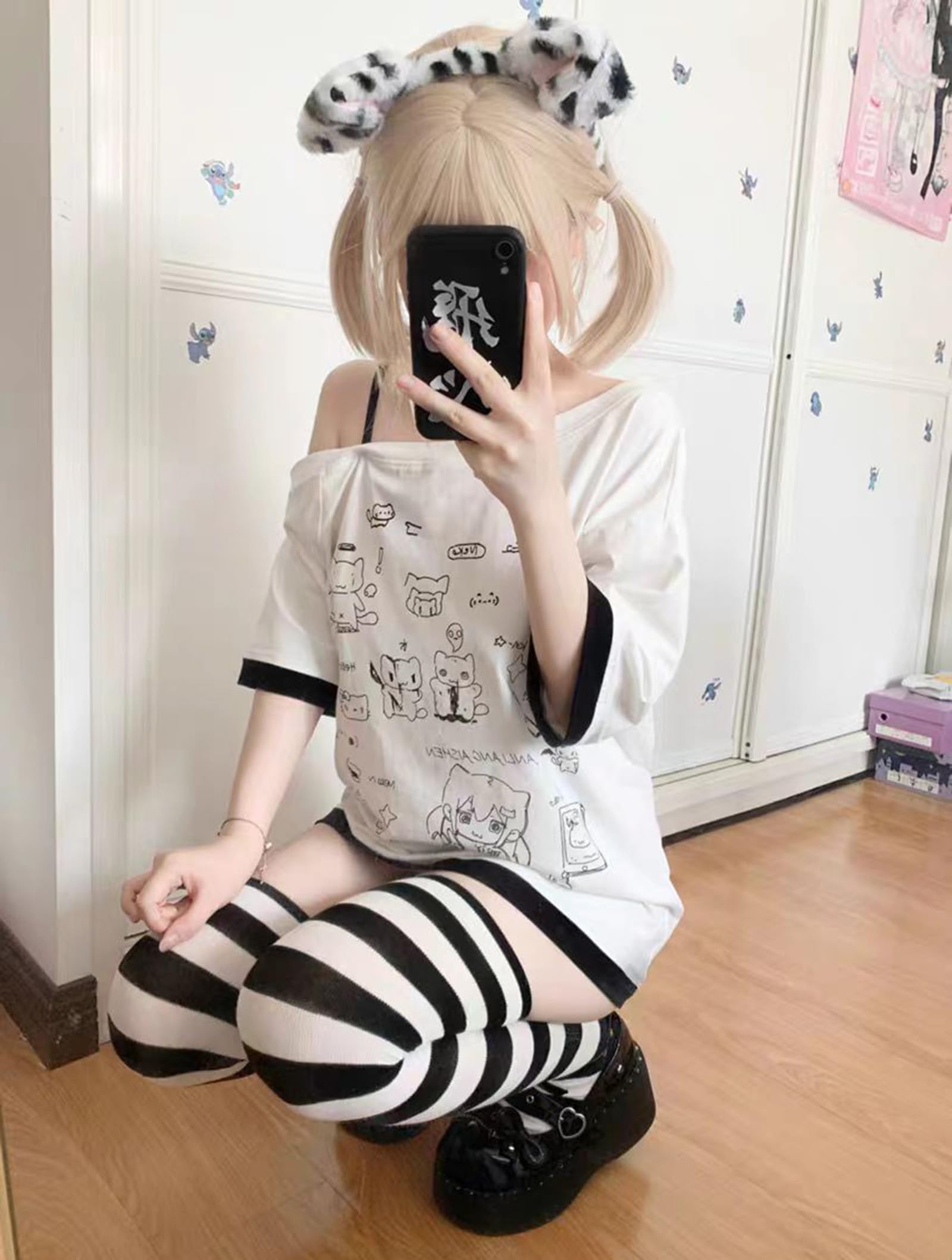 Y2k Kawaii Shirts for Women Cartoon Graphic Tees Off Shoulder Cutecore Shirts Harajuku Fashion Gothic Tops