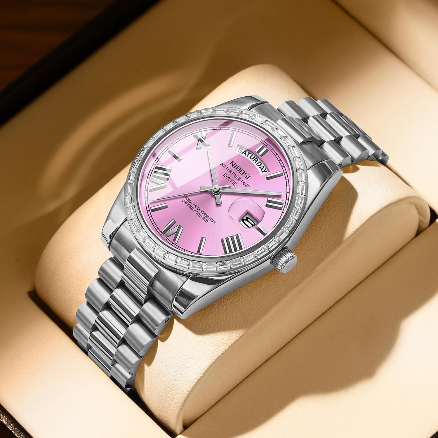 NIBOSI Men's Watches Analog Quartz Diamond Bezel Stainless Steel Dial Rose Gold Silver Watches for Men Waterproof Business Classic Dress Wrist Watch with Day Date - Image 8