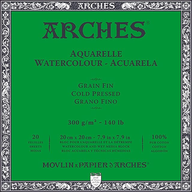 Arches Bloc Enc 4L 20x20 20H Aquarelle 100% Fine 300g Blanc NAT, Paper, Blanco Natural