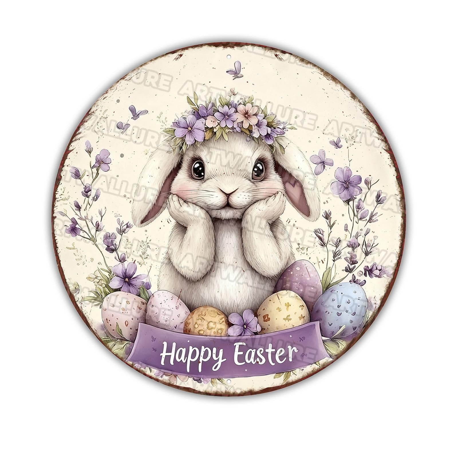 Vintage Bunny Wreath Metal Sign Primitive Country Design Round Easter Decor Rustic Farmhouse Wall Art For Spring Home Display 8x8Inch