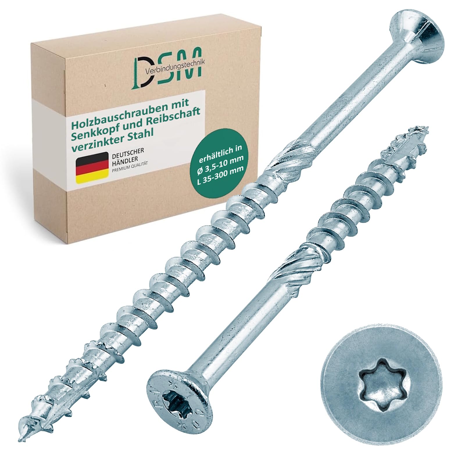 DSM – Tornillos para madera 8 x 300 mm – Tornillo de cabeza avellanada galvanizado, TX40 – Tornillos para paneles de partículas con rosca ondulada – con espiga de fricción, estrías fresadas y punta